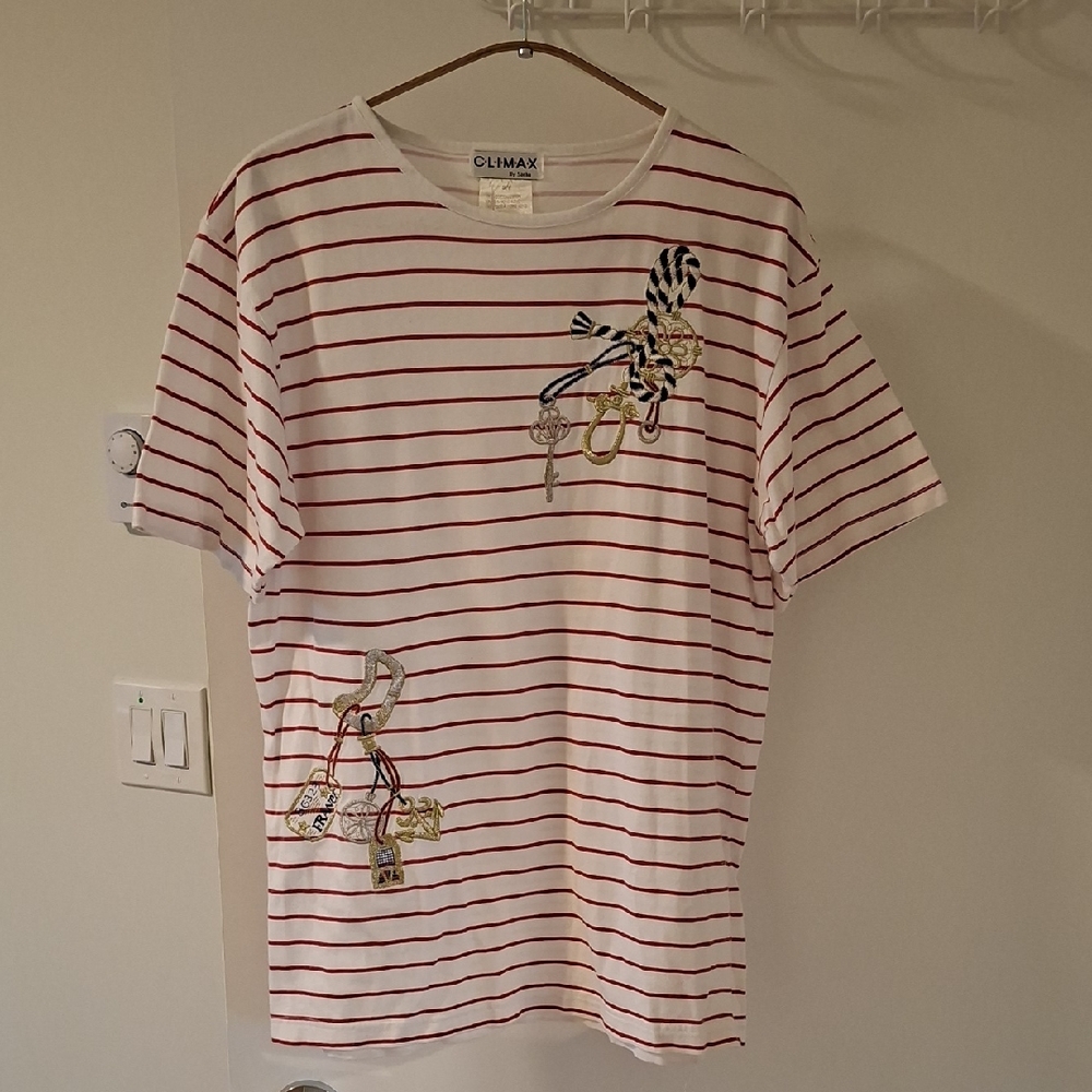 Vintage White Red Striped Short Sleeve Tee with Nautical Charm Embroidery